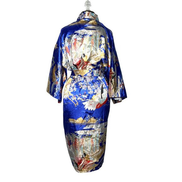 Vintage Ichi Ban Japanese Kimono Robe With Scenic Print & Tie Belt - Size 42 - Picture 2 of 14
